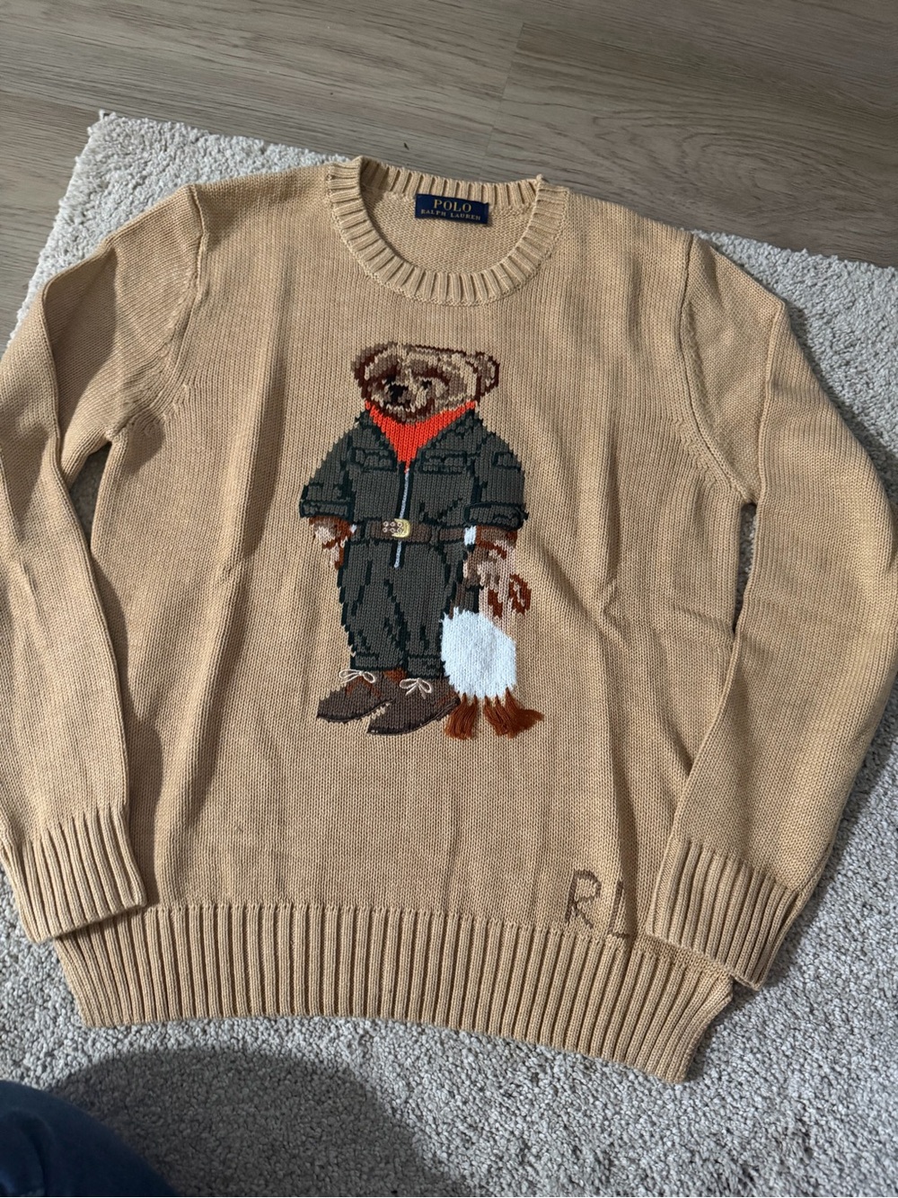 Polo by Ralph Lauren Tan Crewneck Sweater with Bear Intarsia - Picture 5 of 5